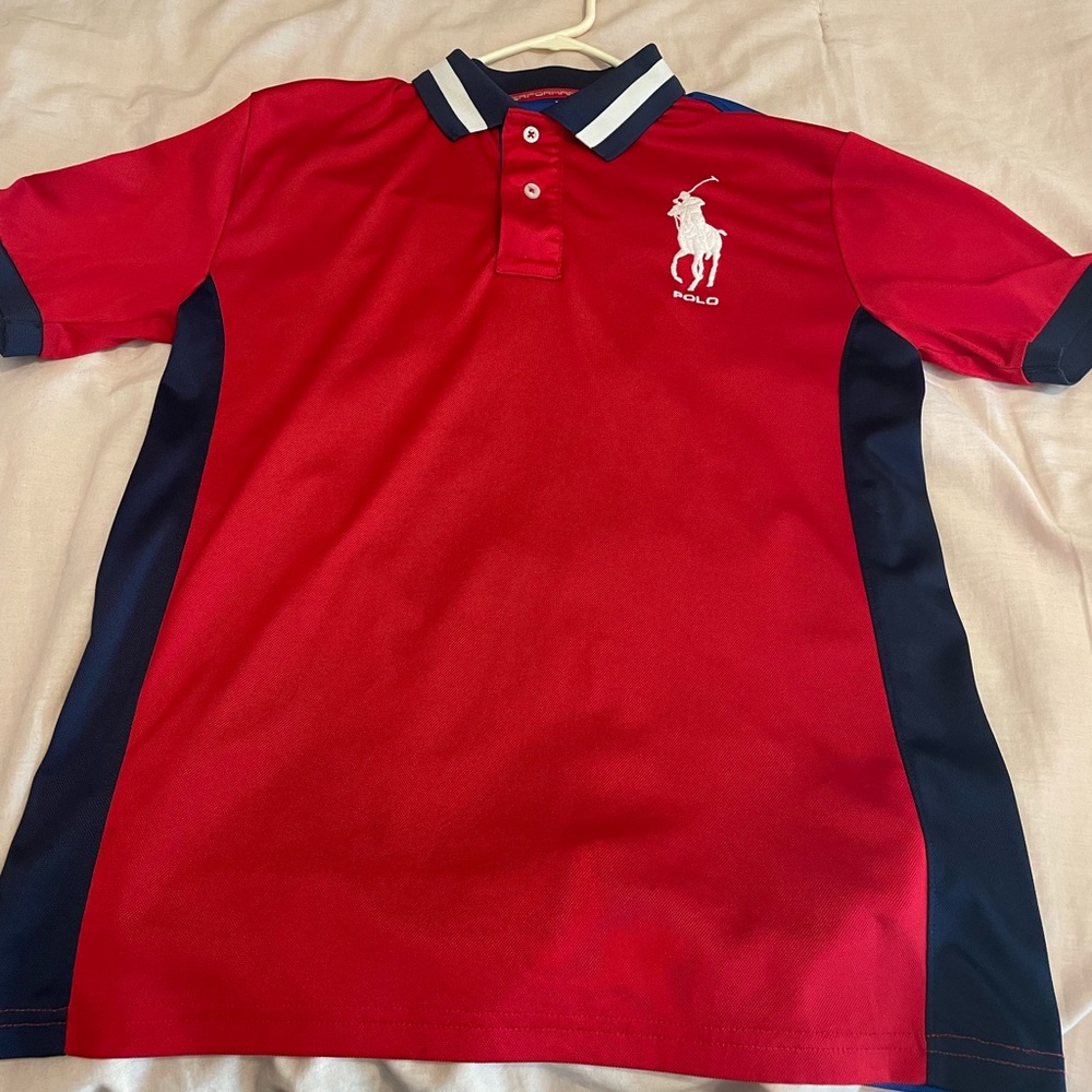 Youth large 14-16 Red/ Blue Ralph Lauren Polo shirt. Previously loved. Great con